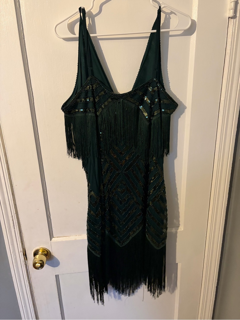 Beaded Fringe Mini Dress in Dark Green